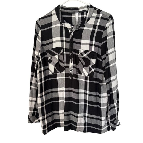 Kensie XL Button Up Shirt Plaid Black White Long Sleeve Soft Viscose Top - Picture 1 of 9